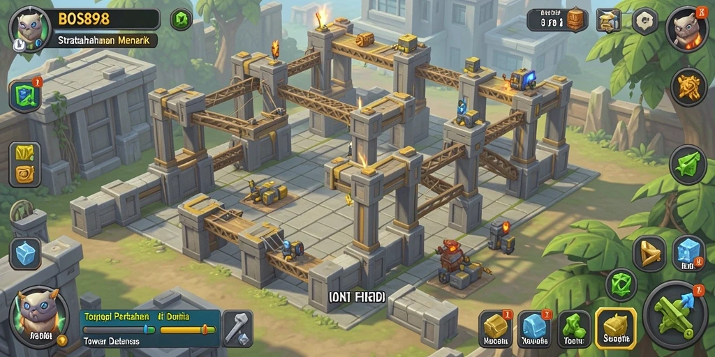 Screenshot menampilkan pertarungan menara yang intens dalam gameplay Tower Defense.
