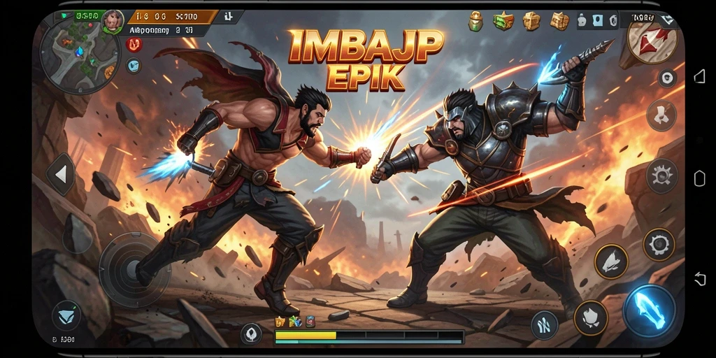 Screenshot utama IMBAJP dengan aksi pertarungan yang mendebarkan.