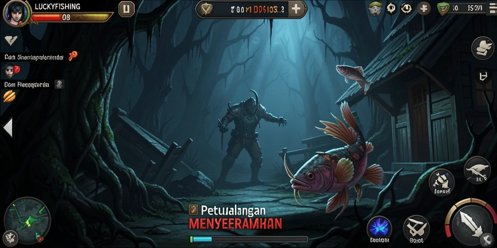 Tampilan gameplay menegangkan di dunia <strong>LUCKYFISHING</strong> yang penuh kegelapan.