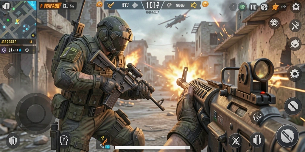 Screenshot gameplay RAFA88 menampilkan aksi menembak yang intens dan mendebarkan.