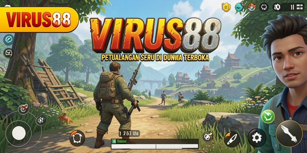 Tangkapan layar gameplay <strong>VIRUS88</strong> menunjukkan petualangan seru dalam dunia terbuka.